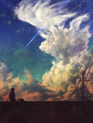 Rule 34 | ambiguous gender, arm support, brick wall, cable, cat, cloud, cloudy sky, from behind, long hair, noske, original, scenery, shooting star, sitting, sky, star (sky), starry sky, utility pole