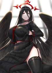 Rule 34 | 1girl, black gloves, black hair, black skirt, black wings, blue archive, blurry, blurry background, breasts, choker, closed mouth, clothes writing, collarbone, feathered wings, garter belt, gloves, grabbing own breast, hair between eyes, half-closed eyes, half gloves, halo, hasumi (blue archive), long hair, looking at viewer, minarai, mole, mole under eye, necktie, pleated skirt, red eyes, red necktie, sailor collar, school uniform, skirt, solo, thighhighs, thighs, very long hair, wings