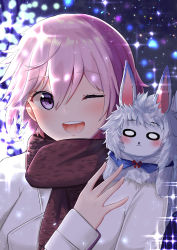 Rule 34 | 1girl, ;d, absurdres, alternate costume, animal, animal on shoulder, brown scarf, coat, fate/grand order, fate (series), fou (fate), hair between eyes, highres, long sleeves, looking at viewer, mash kyrielight, one eye closed, open mouth, pink hair, purple eyes, scarf, short hair, smile, solo, sparkle, twomoon, upper body, white coat