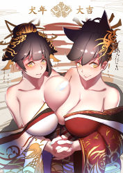 Rule 34 | 2girls, alternate costume, asymmetrical docking, atago (azur lane), azur lane, bad id, bad pixiv id, bare shoulders, black hair, blue nails, blush, breast press, breasts, closed mouth, collarbone, comb, convenient censoring, hair ornament, hair up, highres, huge breasts, interlocked fingers, japanese clothes, kimono, kuro saki, large breasts, looking at viewer, multiple girls, nail polish, no bra, one breast out, red nails, takao (azur lane), wide sleeves, yellow eyes