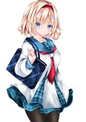 Rule 34 | 1girl, alice margatroid, alternate costume, arm at side, bag, black pantyhose, blonde hair, blue eyes, blue nails, blush, breasts, checkered clothes, closed mouth, collarbone, cowboy shot, eyelashes, feet out of frame, hairband, handbag, highres, lolita hairband, long sleeves, medium breasts, nail polish, nanase nao, pantyhose, puffy sleeves, rainbow gradient, red hairband, sailor collar, short hair, simple background, solo, standing, touhou, white background