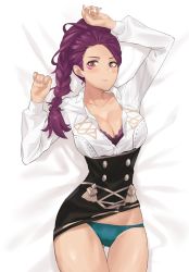 Rule 34 | 1girl, arm up, blue panties, bra, braid, breasts, brown eyes, clothes lift, collarbone, dark-skinned female, dark skin, facial tattoo, fire emblem, fire emblem: three houses, gluteal fold, j@ck, lace, lace-trimmed bra, lace trim, large breasts, looking at viewer, lying, nintendo, on back, open clothes, open shirt, panties, petra macneary, purple hair, skirt, skirt lift, solo, tan, tattoo, thigh gap, underwear