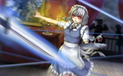 Rule 34 | 1girl, blurry, braid, candle, cup, drinking glass, female focus, flandre scarlet, highres, izayoi sakuya, knife, maid, maid headdress, manherd, motion blur, motion lines, red eyes, remilia scarlet, silhouette, silver hair, solo, throwing knife, touhou, tray, twin braids, weapon, wine glass