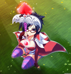 Rule 34 | 1girl, alternate costume, arm support, between breasts, black hair, blue eyes, breasts, cape, fingerless gloves, from above, glasses, gloves, grass, heart, heartseeker vayne, highres, kneeling, large breasts, league of legends, popped collar, rokugatsu no usagi, short hair, solo, striped clothes, striped thighhighs, thighhighs, valentine, vayne (league of legends)