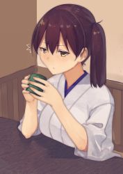 Rule 34 | 10s, 1girl, breasts, brown hair, closed mouth, cup, drinking, hair between eyes, highres, holding, holding cup, indoors, japanese clothes, kaga (kancolle), kantai collection, large breasts, looking at viewer, masukuza j, side ponytail, sitting, solo, table, upper body, wall, wide sleeves, wooden table, wooden wall, yellow eyes