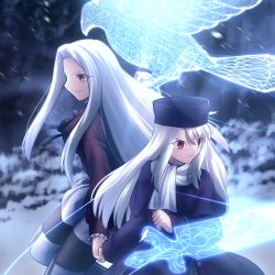 Rule 34 | 2girls, bird, black dress, black eyes, blurry, blurry background, closed mouth, cowboy shot, dress, fate/stay night, fate/zero, fate (series), frilled sleeves, frills, frown, fur hat, hair between eyes, hat, highres, holding hands, illyasviel von einzbern, irisviel von einzbern, long hair, long sleeves, mother and daughter, multiple girls, papakha, scarf, shoori (migiha), sidelocks, smile, snowing, standing, sword, weapon, white hair, white scarf, wrist cuffs