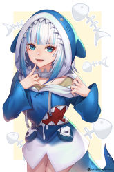 Rule 34 | 1girl, animal hood, blue eyes, blue hair, blue hoodie, bone print, clothes pull, cowboy shot, drawstring, finger to mouth, fins, fish bone, fish tail, gawr gura, gawr gura (1st costume), hololive, hololive english, hood, hoodie, jurrig, long sleeves, looking at viewer, multicolored hair, off shoulder, pocket, print hoodie, shark hood, shark tail, sharp teeth, shirt pull, sidelocks, smile, solo, streaked hair, tail, teeth, virtual youtuber, white hair, yellow background