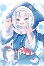 Rule 34 | 1girl, animal hood, bloop (gawr gura), blue background, blue eyes, blue hair, blue hoodie, blue nails, blunt bangs, blush, bubble, cabbie hat, collar, commentary, english commentary, eyelashes, fins, fish bone, fish bone print, fish tail, gawr gura, gawr gura (1st costume), gills, grey eyes, hat, highres, hololive, hololive english, hood, hood up, hoodie, long sleeves, looking at another, looking at viewer, medium hair, multicolored hair, nail polish, open mouth, paw pose, pocket, red headwear, shark girl, shark hood, shark tail, sharp teeth, smile, solid circle eyes, star (symbol), streaked hair, tail, teeth, tsurime, two-tone sleeves, upper body, upper teeth only, v-shaped eyebrows, virtual youtuber, white collar, white hair, white sleeves, wide sleeves, yukomeow