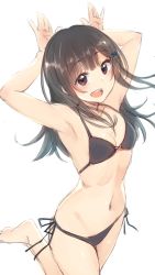 Rule 34 | 1girl, :d, armpits, arms up, bare arms, bare legs, bare shoulders, barefoot, bikini, black bikini, black hair, blush, breasts, collarbone, commentary request, hair ornament, hairclip, halterneck, highres, kneeling, long hair, nagami yuu, navel, open mouth, original, red eyes, side-tie bikini bottom, sketch, small breasts, smile, solo, string bikini, swimsuit, teeth, upper teeth only