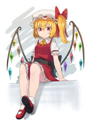 Rule 34 | 1girl, arm support, ascot, blonde hair, bow, breasts, crystal, fang, flandre scarlet, frilled shirt collar, frills, from below, full body, hair bow, hashiro, hat, highres, mary janes, mob cap, one side up, red bow, red eyes, red skirt, red vest, shoes, short hair, short sleeves, simple background, sitting, skin fang, skirt, small breasts, smile, socks, solo, touhou, v-shaped eyebrows, vest, white hat, wings, yellow ascot