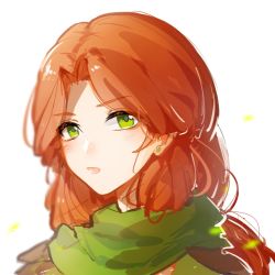 Rule 34 | 1girl, :o, dota (series), dota 2, earrings, eren (artist), forehead, green eyes, highres, jewelry, long hair, looking at viewer, open mouth, orange hair, portrait, scarf, simple background, solo, white background, windranger (dota)