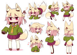 Rule 34 | 1girl, :o, all fours, anger vein, animal ear fluff, animal ears, arms up, bell, blonde hair, blush, brown collar, chestnut mouth, closed eyes, collar, commentary request, covered mouth, ears down, eighth note, facing away, flying sweatdrops, fox ears, fox girl, fox tail, green shirt, hair between eyes, hair bun, hair ornament, hands up, jingle bell, kemomimi-chan (naga u), leaning forward, long hair, long sleeves, looking at viewer, multiple views, musical note, naga u, neck bell, open mouth, orange neckwear, original, parted lips, pleated skirt, profile, purple skirt, red eyes, red footwear, ribbon-trimmed legwear, ribbon trim, sailor collar, shirt, sidelocks, single hair bun, skirt, sleeves past fingers, sleeves past wrists, sparkle, standing, tail, thighhighs, v-shaped eyebrows, wavy mouth, white sailor collar, white thighhighs