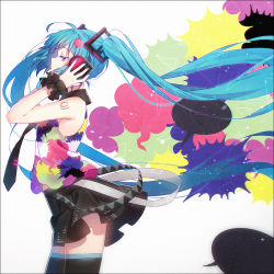 Rule 34 | 1girl, aqua hair, armband, black thighhighs, blue hair, blush, colorful, commentary, floating hair, from side, hair between eyes, hakusai (tiahszld), hatsune miku, headphones, headset, long hair, nail polish, necktie, pink eyes, skindentation, skirt, sleeveless, solo, standing, thighhighs, twintails, very long hair, vocaloid