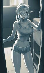 Rule 34 | 1girl, braid, braided bangs, breasts, cleavage, commentary, contrapposto, crop top, dangodes, dolphin shorts, doorway, drawstring, english commentary, glasses, greyscale, hair between eyes, highres, large breasts, looking at viewer, midriff, monochrome, navel, original, parted lips, pov doorway, semi-rimless eyewear, short shorts, shorts, solo, swept bangs, tank top