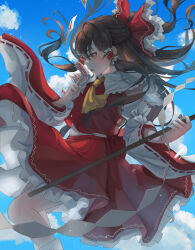 Rule 34 | 1girl, absurdres, bare shoulders, between fingers, bow, brown hair, commentary request, day, detached sleeves, feet out of frame, flat chest, floating clothes, floating hair, frilled hair tubes, frills, from side, gohei, hair bow, hair tubes, hakurei reimu, highres, holding, holding stick, hya ro, light blush, long hair, midair, open mouth, orange eyes, outdoors, profile, red eyes, red skirt, red vest, skirt, skirt set, sky, solo, stick, touhou, very long hair, vest, wide sleeves