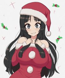 Rule 34 | 1girl, akiyama mio, bare shoulders, black eyes, black hair, blush, breasts, collarbone, hat, heart, heart-shaped pupils, highres, k-on!, large breasts, long hair, looking at viewer, parted lips, red hat, santa costume, santa hat, smile, solo, symbol-shaped pupils, upper body, young savage