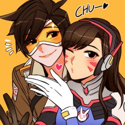 Rule 34 | 2girls, animal print, blush, bodysuit, bomber jacket, bracer, breasts, brown eyes, brown gloves, brown hair, brown jacket, d.va (overwatch), eyebrows, facepaint, facial mark, gloves, goggles, hand up, headphones, heart, hooreng, jacket, leather, leather jacket, long hair, looking at viewer, multiple girls, one eye closed, overwatch, overwatch 1, pilot suit, rabbit print, ribbed bodysuit, short hair, simple background, smile, spiked hair, spoken heart, tracer (overwatch), turtleneck, union jack, w, whisker markings, white gloves, yellow background