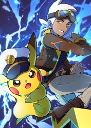 Rule 34 | 1boy, absurdres, belt, belt buckle, blue background, boots, brown belt, brown footwear, brown jacket, buckle, captain pikachu, clothed pokemon, commentary request, creatures (company), electricity, friede (pokemon), game freak, gen 1 pokemon, goggles, goggles on head, grin, hand up, highres, jacket, leg up, long sleeves, male focus, nintendo, open clothes, open jacket, pants, pikachu, pokemon, pokemon (anime), pokemon (creature), pokemon horizons, pon yui, shirt, smile, teeth, white hair, yellow eyes
