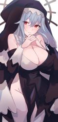 Rule 34 | 1girl, absurdres, arknights, black dress, blush, breasts, chunta, cleavage, cowboy shot, dress, grey hair, groin, habit, hair between eyes, halo, highres, large breasts, long hair, long sleeves, looking at viewer, no panties, nun, off-shoulder dress, off shoulder, own hands clasped, own hands together, parted lips, pelvic curtain, red eyes, simple background, smile, solo, specter (arknights), veil, white background