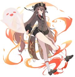 Rule 34 | 1girl, arin (1010 ssu), black footwear, black shorts, brown hair, brown headwear, brown shirt, chinese clothes, closed mouth, fire, full body, genshin impact, ghost, highres, hu tao (genshin impact), long hair, long sleeves, looking at viewer, red eyes, shirt, shorts, simple background, socks, solo, tongue, tongue out, twintails, very long hair, white background, white socks
