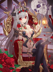 Rule 34 | 1girl, absurdly long hair, alcohol, bad id, bad pixiv id, bare shoulders, black thighhighs, blush, breasts, cleavage, closed mouth, collarbone, cup, demon girl, drinking glass, fantasy, flower, grey hair, horns, lantern, large breasts, long hair, looking at viewer, mellozzo, navel, original, red eyes, rose, sitting, skull, smile, solo, thighhighs, throne, very long hair, wine, wine glass