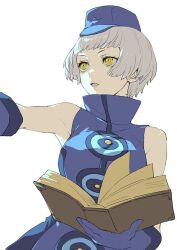 Rule 34 | 1girl, bare shoulders, blue dress, blue gloves, blue hat, bob cut, book, commentary, dress, elizabeth (persona), gloves, hat, holding, holding book, isa (peien516), open book, parted bangs, parted lips, persona, persona 3, short hair, simple background, sleeveless, sleeveless dress, solo, white background, white hair, yellow eyes