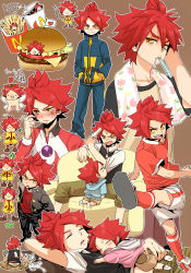 Rule 34 | 2boys, anger vein, blush, brown background, burger, cat, child, closed eyes, cosplay, drinking straw, drooling, dual persona, fang, fire dragon, flag, flower, food, french fries, from above, hands in pockets, hood, hoodie, inazuma eleven, inazuma eleven (series), jacket, kicking, male focus, mcdonald&#039;s, multiple boys, nagumo haruya, open mouth, pants, raimon, red hair, ronald mcdonald, ronald mcdonald (cosplay), short hair, shorts, simple background, sitting, sleeping, smile, soccer uniform, sportswear, track jacket, track pants, track suit, yellow eyes, yupopo (hidame)