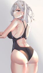 Rule 34 | 1girl, ass, black one-piece swimsuit, commentary request, competition swimsuit, cowboy shot, gradient background, grey background, grey eyes, grey hair, highres, kantai collection, long hair, looking at viewer, one-piece swimsuit, one side up, seyrensophia, solo, suzutsuki (kancolle), swimsuit, wedgie