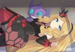 Rule 34 | black dress, blonde hair, blue eyes, caitlin (fall 2021) (pokemon), caitlin (pokemon), creatures (company), cu-sith, detached sleeves, dress, game freak, gem, gen 3 pokemon, hair ornament, highres, long hair, looking at viewer, lying, nintendo, official alternate costume, on back, parted bangs, pokemon, pokemon (creature), pokemon masters ex, ponytail, sableye, very long hair
