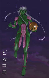 Rule 34 | 1girl, ?, alien, antennae, blush, breasts, character name, claws, cloud, colored skin, dark, dragon ball, dragon ball (object), dragonball z, earrings, floating, genderswap, genderswap (otf), green skin, grinning iguana, hat, hoop earrings, jewelry, large breasts, looking at viewer, nail polish, night, night sky, nipples, nude, piccolo, pointy ears, pussy, sky, solo, star (sky), starry sky, toenail polish, toenails, turban, uncensored