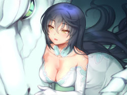 Rule 34 | 1girl, aqua choker, black hair, black sclera, breasts, cleavage, collarbone, colored sclera, covered navel, dragon, dress, elbow gloves, folks (nabokof), gloves, green eyes, hair between eyes, hair over shoulder, large breasts, long dress, long hair, maotelus (tales), open mouth, straight hair, strapless, strapless dress, tales of (series), tales of berseria, velvet crowe, very long hair, white dress, white gloves, yellow eyes