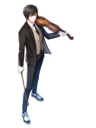 Rule 34 | 1boy, black hair, black jacket, black necktie, black pants, black socks, blue eyes, bow (music), bright pupils, brown vest, chulsoo kim (closers), closed mouth, closers, collared shirt, formal, from above, full body, gloves, hand up, highres, holding, holding bow (music), holding instrument, holding violin, instrument, jacket, looking ahead, male focus, necktie, official art, oxfords, pants, shirt, short hair, socks, solo, suit, swept bangs, tachi-e, vest, violin, white background, white footwear, white gloves, white pupils, white shirt