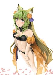 Rule 34 | 1girl, absurdres, animal ears, atalanta (fate), atalanta (formal dress) (fate), bikini, black bikini, blonde hair, blush, breasts, cat ears, cat tail, fate/apocrypha, fate (series), green eyes, green hair, hair ornament, highres, long hair, looking back, medium breasts, multicolored hair, navel, outdoors, petals, sitting, solo, swimsuit, tail, two-tone hair, very long hair, yonago miko