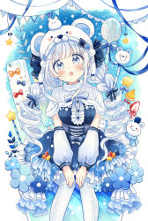 Rule 34 | &gt; &lt;, 1girl, :o, animal, animal ears, animal on head, bear ears, bear hat, blue bow, blue dress, blue eyes, blue flower, bow, breasts, capelet, center frills, commentary request, detached sleeves, dress, fake animal ears, fang, feet out of frame, flower, food, frilled dress, frills, fruit, fur-trimmed capelet, fur-trimmed headwear, fur trim, grey pantyhose, hair bow, head tilt, highres, long hair, long sleeves, looking at viewer, medium breasts, on head, open mouth, original, pantyhose, puffy long sleeves, puffy sleeves, sakura oriko, snowman, solo, star (symbol), strawberry, twintails, very long hair, white capelet, white hair, white headwear, white sleeves