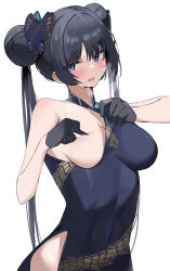 Rule 34 | 1girl, absurdres, bare shoulders, black dress, black gloves, black hair, blue archive, blue eyes, blush, breasts, butterfly hair ornament, china dress, chinese clothes, covered navel, covering nipples, covering privates, double bun, dragon print, dress, gloves, hair bun, hair ornament, heavy breathing, highres, kisaki (blue archive), long hair, looking at viewer, medium breasts, ndrw7522, one breast out, open mouth, simple background, sleeveless, sleeveless dress, solo, twintails, white background
