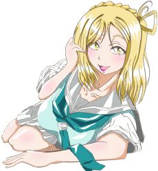 Rule 34 | 10s, 1girl, artist name, artist request, blonde hair, blush, braid, crown braid, female focus, full body, green eyes, green neckwear, hair rings, highres, holding, holding own hair, kneehighs, loafers, looking at viewer, love live!, love live! sunshine!!, lying, ohara mari, on side, parted lips, school uniform, shoes, short hair, simple background, skirt, smile, socks, solo, thighhighs, uranohoshi school uniform, white background, yellow eyes