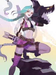 Rule 34 | 1girl, aqua hair, arm tattoo, bare shoulders, belt, black gloves, boots, brown belt, bullet necklace, fingerless gloves, fingernails, gloves, gun, highres, holding, holding gun, holding weapon, jinx (league of legends), league of legends, long hair, navel, open mouth, over shoulder, pink thighhighs, purple eyes, rock, shell casing, smile, solo, tattoo, teeth, thigh strap, thighhighs, tongue, torn, torn clothes, twintails, udakyo, very long hair, weapon, weapon over shoulder