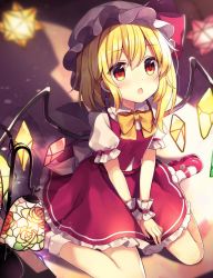 1girl blonde_hair blurry blush bow bowtie commentary_request crystal flandre_scarlet hair_between_eyes hat hat_bow highres indoors lamp long_hair mary_janes miniskirt mob_cap one_side_up open_mouth petticoat red_bow red_eyes red_footwear red_skirt red_vest ruhika shadow shoes sitting skirt socks solo touhou v_arms vest wariza white_hat white_socks wings wrist_cuffs yellow_bow yellow_bowtie