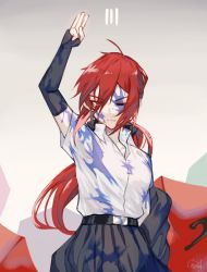 Rule 34 | 1girl, ahoge, arm up, black gloves, black skirt, blood, blood on clothes, blood on face, blue blood, closed mouth, colored blood, eyes visible through hair, fingerless gloves, gloves, highres, kazuya (lostnight), long hair, one eye closed, original, ponytail, red eyes, red hair, red umbrella, signature, skirt, solo, umbrella