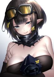 Rule 34 | 1girl, arknights, bandeau, bare shoulders, black hair, blue eyes, breasts, character doll, cleavage, commentary request, doctor (arknights), eunectes (arknights), goggles, goggles on head, gradient background, grey background, highres, kureneko, looking at viewer, pointy ears, short hair, smile, solo, strapless, tube top, upper body, white background