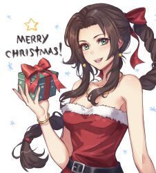Rule 34 | 1girl, aerith gainsborough, alternate costume, bare shoulders, belt, black belt, bow, box, bracelet, braid, braided ponytail, breasts, brown hair, christmas, dress, earrings, final fantasy, final fantasy vii, final fantasy vii remake, gift, gift box, green eyes, hair bow, highres, holding, holding box, jewelry, light blush, long hair, lukrevadraws, medium breasts, merry christmas, necklace, open mouth, parted bangs, red bow, red dress, sidelocks, smile, solo, star (symbol), star earrings, star necklace, strapless, strapless dress, teeth, upper body, upper teeth only, wavy hair, white background