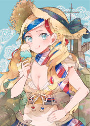 Rule 34 | 10s, 1girl, blonde hair, blue eyes, blue hair, breasts, cleavage, commandant teste (kancolle), food, hat, holding, holding food, ice cream, itomugi-kun, kantai collection, long hair, machinery, multicolored clothes, multicolored hair, multicolored scarf, red hair, scarf, smile, solo, streaked hair, tongue, tongue out, white hair