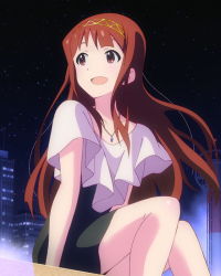 Rule 34 | 10s, 1girl, :d, artist request, brown eyes, brown hair, city, female focus, hairband, heart, idolmaster, idolmaster million live!, jewelry, long hair, necklace, night, official art, open mouth, sitting, smile, solo, tanaka kotoha