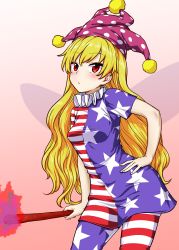 Rule 34 | 1girl, absurdres, american flag dress, american flag pants, american flag print, blonde hair, blush, breasts, clownpiece, dress, eyes visible through hair, fairy wings, fire, gradient background, hair between eyes, hand on own hip, hat, highres, holding, holding torch, itou yuuji, jester cap, long hair, looking to the side, medium breasts, multicolored clothes, multicolored dress, multicolored pants, neck ruff, open mouth, pants, pink background, pink hat, polka dot, print pants, purple dress, purple fire, purple pants, red dress, red eyes, red fire, red pants, short hair, solo, standing, star (symbol), star print, striped clothes, striped dress, striped pants, torch, touhou, white background, white dress, white pants, wings