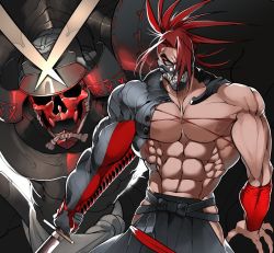 Rule 34 | 1boy, abs, armor, bara, biceps, covered mouth, fate/grand order, fate (series), gauntlets, hakama, japanese armor, japanese clothes, katana, large pectorals, long hair, looking at viewer, male focus, manly, mask, mature male, muscular, muscular male, nipples, no shirt, pectorals, red eyes, red hair, shiba ten, skull, skull mask, solo, spiked hair, sword, tanaka shinbei (fate), thick arms, thick eyebrows, weapon, wristband