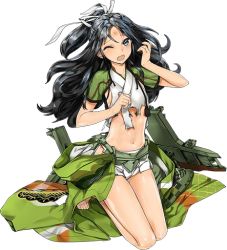 Rule 34 | 10s, 1girl, bare legs, black hair, blue eyes, bruise, crop top, full body, furisode, injury, japanese clothes, kantai collection, katsuragi (kancolle), kimono, kuuro kuro, long hair, looking at viewer, lowres, midriff, official art, one eye closed, seiza, sitting, solo, torn clothes, transparent background