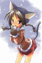 Rule 34 | animal ears, blush, bow, braid, brown eyes, brown hair, cat ears, cat tail, gloves, nekohat, plait, skirt, snow, tail, twintails