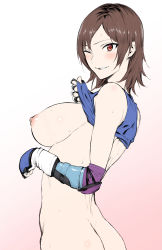 Rule 34 | 1girl, ass, blue bra, blush, bottomless, bra, bra lift, breasts, brown eyes, brown hair, butt crack, clothes lift, fingerless gloves, from side, gloves, gradient background, grin, hand guard, highres, hiiragi yuuichi, kazama asuka, large breasts, lifted by self, looking at viewer, nipples, no panties, one eye closed, short hair, smile, solo, sports bra, sports bra lift, sweat, tekken, underwear
