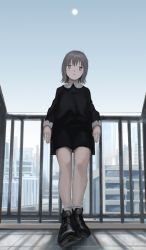 Rule 34 | 1girl, absurdres, against railing, bare legs, black dress, black footwear, blue sky, brown hair, building, chromatic aberration, closed mouth, commentary request, day, dress, expressionless, foreshortening, grey eyes, highres, against railing, long sleeves, looking at viewer, mk taso, moon, on roof, original, outdoors, railing, shoes, short dress, short hair, sky, solo