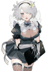 Rule 34 | 1girl, absurdres, blue eyes, breasts, cleavage, energy wings, flower, hair flower, hair ornament, hair over one eye, highres, holding, holding menu, large breasts, menu, mini wings, nier (series), nier:automata, shishamo 712, short hair, silver hair, skindentation, solo, sparkle, thighhighs, white background, wings, 2b (nier:automata)